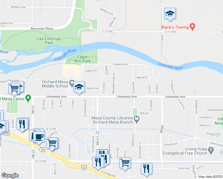 map of restaurants, bars, coffee shops, grocery stores, and more near 2758 Unaweep Avenue in Grand Junction