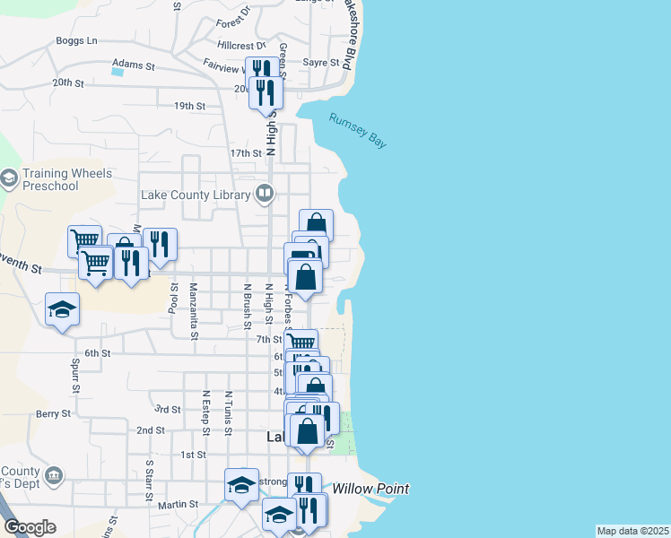 map of restaurants, bars, coffee shops, grocery stores, and more near 1120 North Main Street in Lakeport