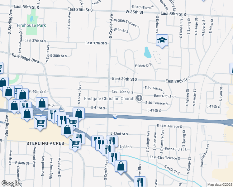 map of restaurants, bars, coffee shops, grocery stores, and more near 12416 East 40th Street South in Independence