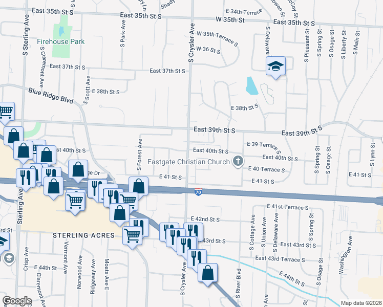 map of restaurants, bars, coffee shops, grocery stores, and more near 3930 South Crysler Avenue in Independence