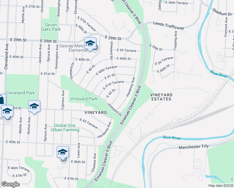 map of restaurants, bars, coffee shops, grocery stores, and more near 4201 Vineyard Road in Kansas City