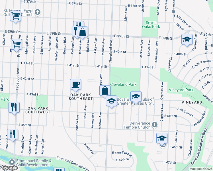 map of restaurants, bars, coffee shops, grocery stores, and more near 4200 Cleveland Avenue in Kansas City