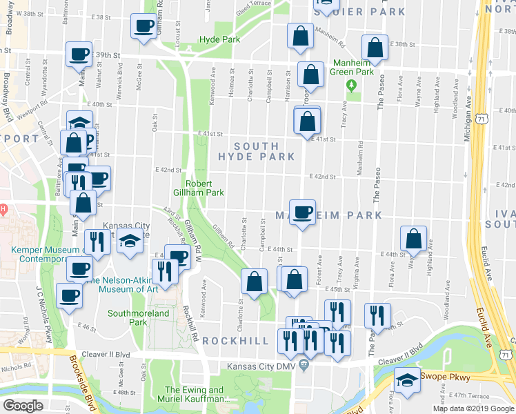 map of restaurants, bars, coffee shops, grocery stores, and more near 4234 Campbell Street in Kansas City