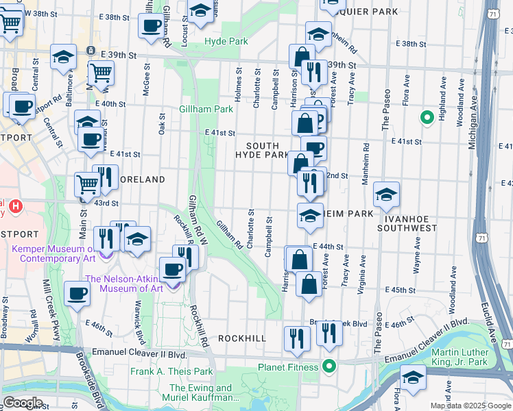 map of restaurants, bars, coffee shops, grocery stores, and more near 4234 Campbell Street in Kansas City