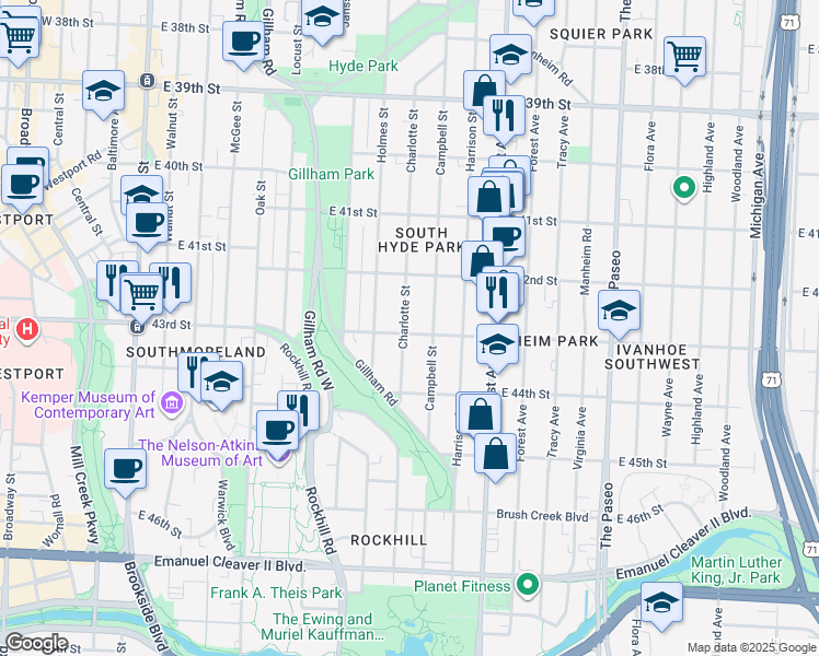 map of restaurants, bars, coffee shops, grocery stores, and more near 4236 Charlotte Street in Kansas City