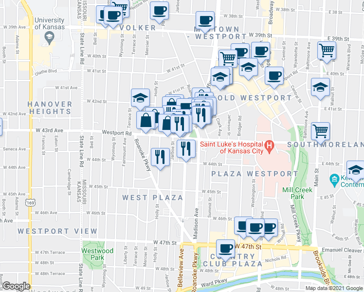 map of restaurants, bars, coffee shops, grocery stores, and more near in Kansas City