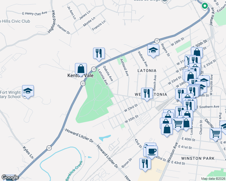 map of restaurants, bars, coffee shops, grocery stores, and more near 2812 Latonia Avenue in Covington