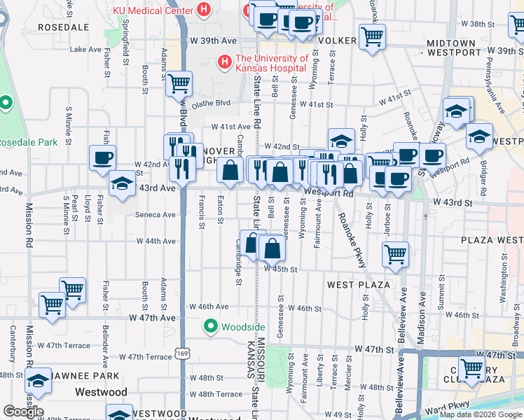 map of restaurants, bars, coffee shops, grocery stores, and more near 4316 Bell Street in Kansas City