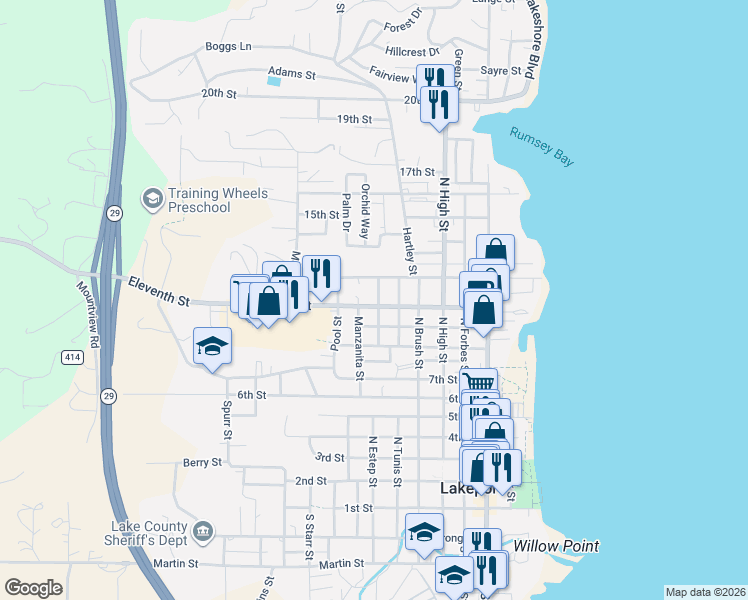map of restaurants, bars, coffee shops, grocery stores, and more near 610 Eleventh Street in Lakeport