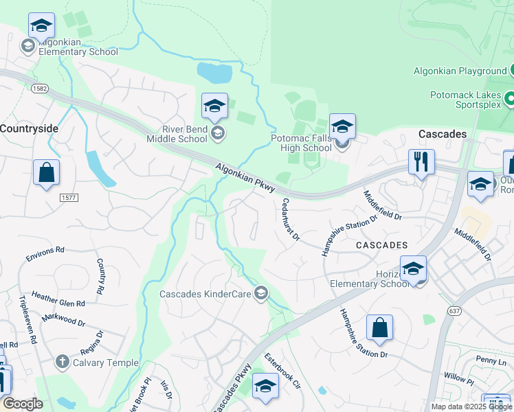 map of restaurants, bars, coffee shops, grocery stores, and more near 133 Sulgrave Court in Sterling