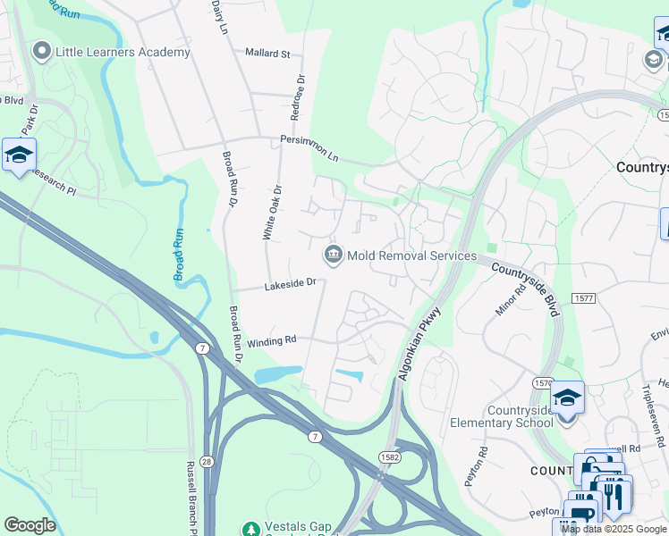 map of restaurants, bars, coffee shops, grocery stores, and more near 45498 Lakeside Drive in Sterling