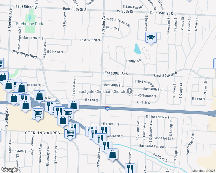 map of restaurants, bars, coffee shops, grocery stores, and more near 12416 East 40th Street South in Independence