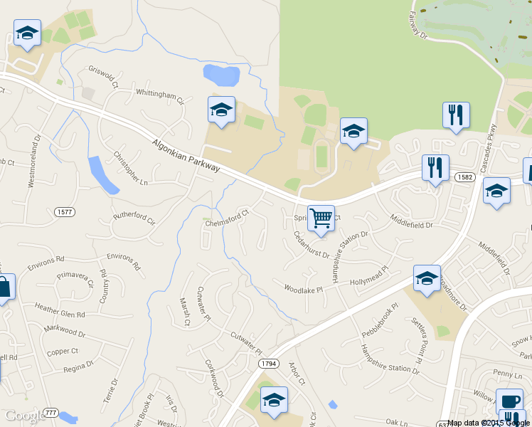 map of restaurants, bars, coffee shops, grocery stores, and more near 133 Sulgrave Court in Sterling