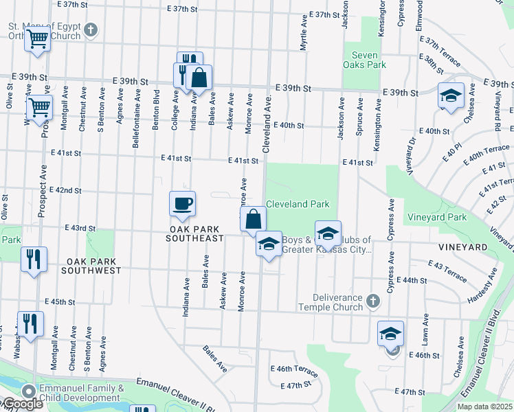 map of restaurants, bars, coffee shops, grocery stores, and more near 4200 Cleveland Avenue in Kansas City