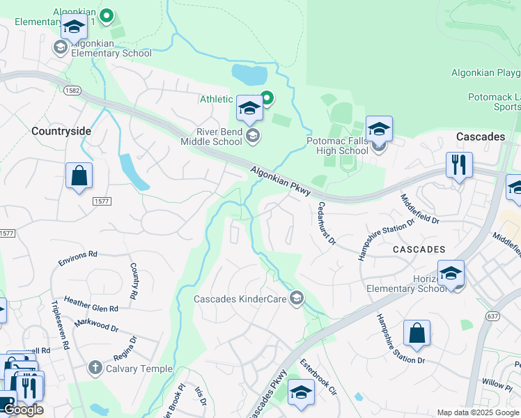 map of restaurants, bars, coffee shops, grocery stores, and more near 309 Felsted Court in Sterling