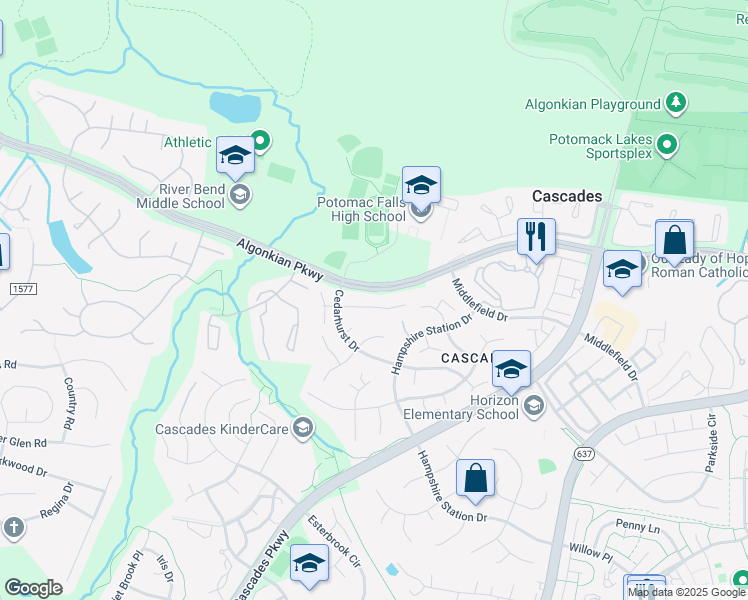 map of restaurants, bars, coffee shops, grocery stores, and more near 46428 Springwood Court in Sterling