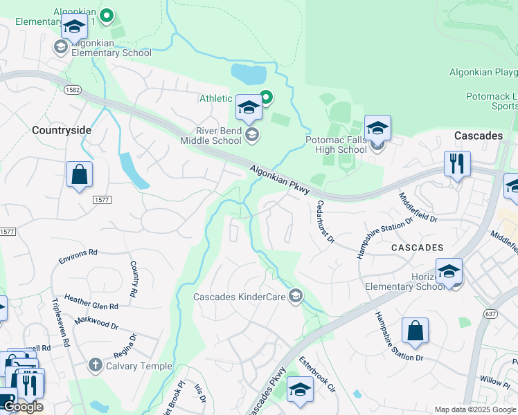 map of restaurants, bars, coffee shops, grocery stores, and more near 309 Felsted Court in Sterling