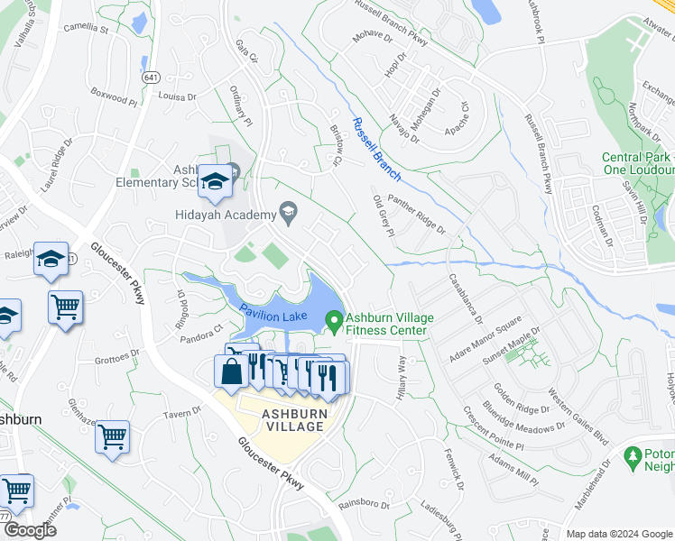 map of restaurants, bars, coffee shops, grocery stores, and more near 44218 Shady Glen Terrace in Ashburn