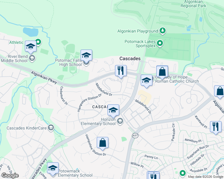 map of restaurants, bars, coffee shops, grocery stores, and more near 46612 Drysdale Terrace in Sterling