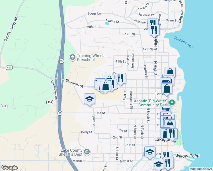 map of restaurants, bars, coffee shops, grocery stores, and more near 970 Eleventh Street in Lakeport