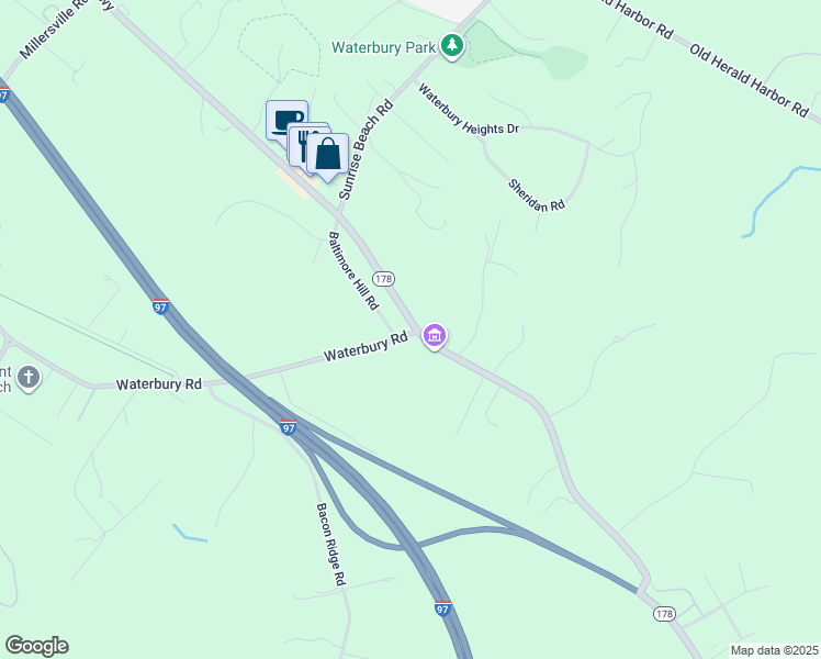 map of restaurants, bars, coffee shops, grocery stores, and more near 1080 Generals Highway in Crownsville