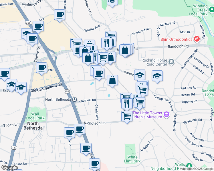 map of restaurants, bars, coffee shops, grocery stores, and more near 5401 McGrath Boulevard in North Bethesda