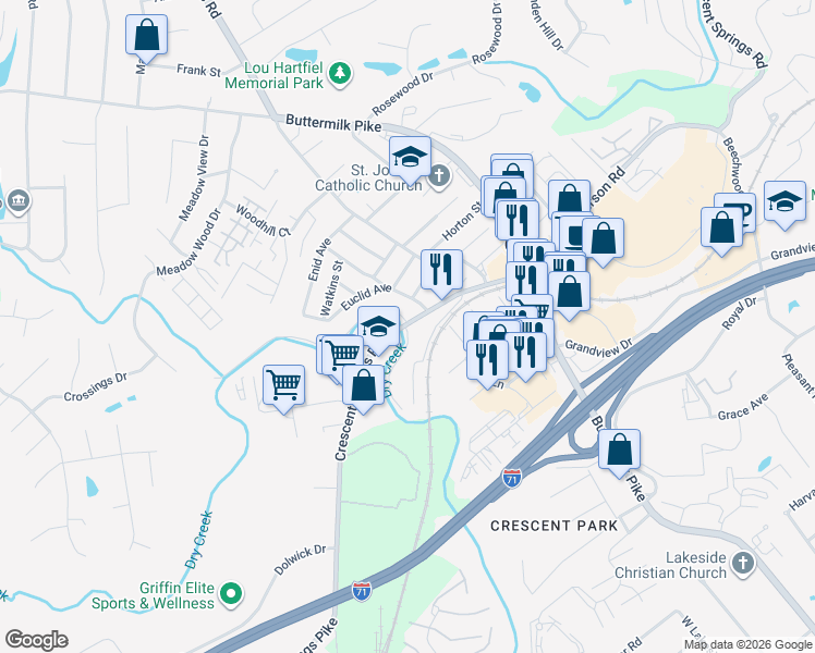 map of restaurants, bars, coffee shops, grocery stores, and more near 591 Croley Street in Crescent Springs