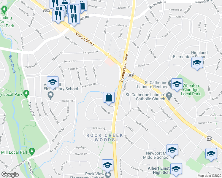 map of restaurants, bars, coffee shops, grocery stores, and more near 3716 Ferrara Drive in Silver Spring