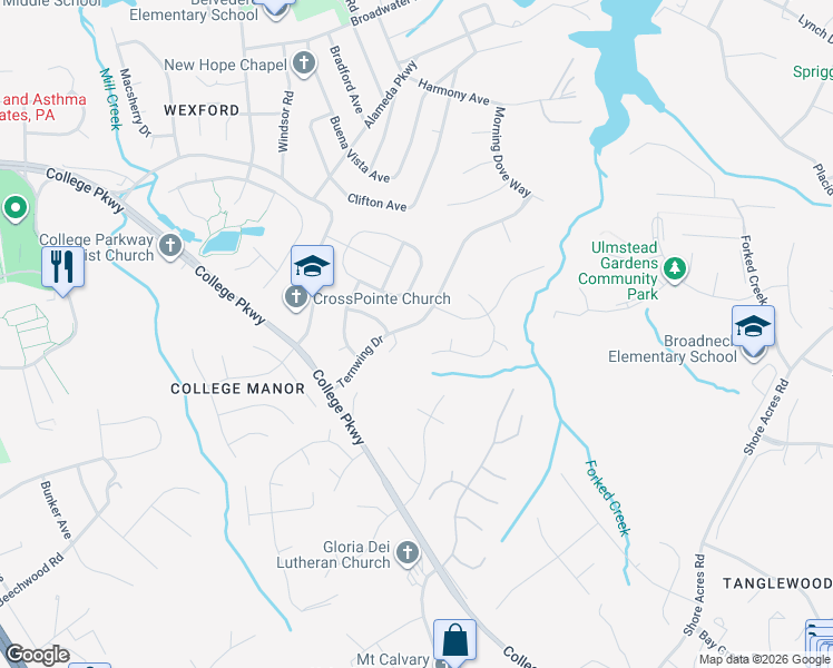 map of restaurants, bars, coffee shops, grocery stores, and more near 299 Ternwing Drive in Arnold