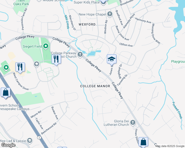 map of restaurants, bars, coffee shops, grocery stores, and more near 305 College Parkway in Arnold