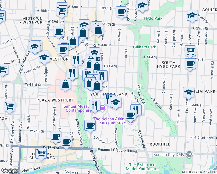 map of restaurants, bars, coffee shops, grocery stores, and more near E 43rd St & Warwick Blvd in Kansas City