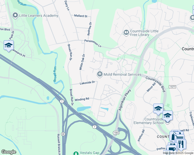 map of restaurants, bars, coffee shops, grocery stores, and more near 45494 Lakeside Drive in Sterling