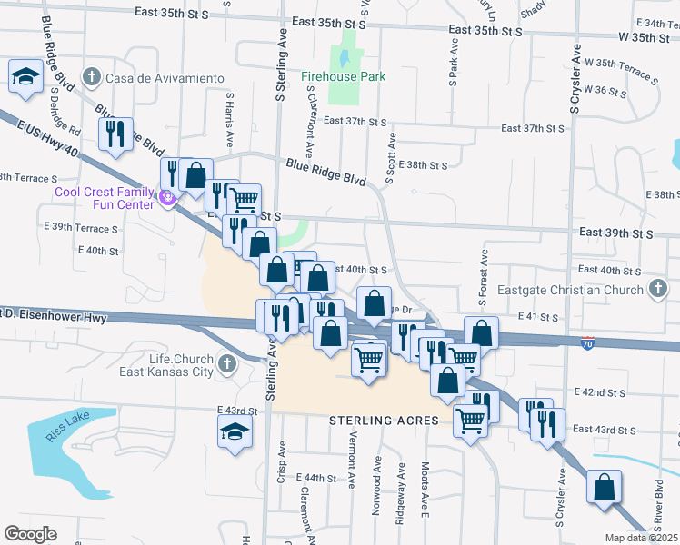 map of restaurants, bars, coffee shops, grocery stores, and more near 11309 East 40th Street South in Independence