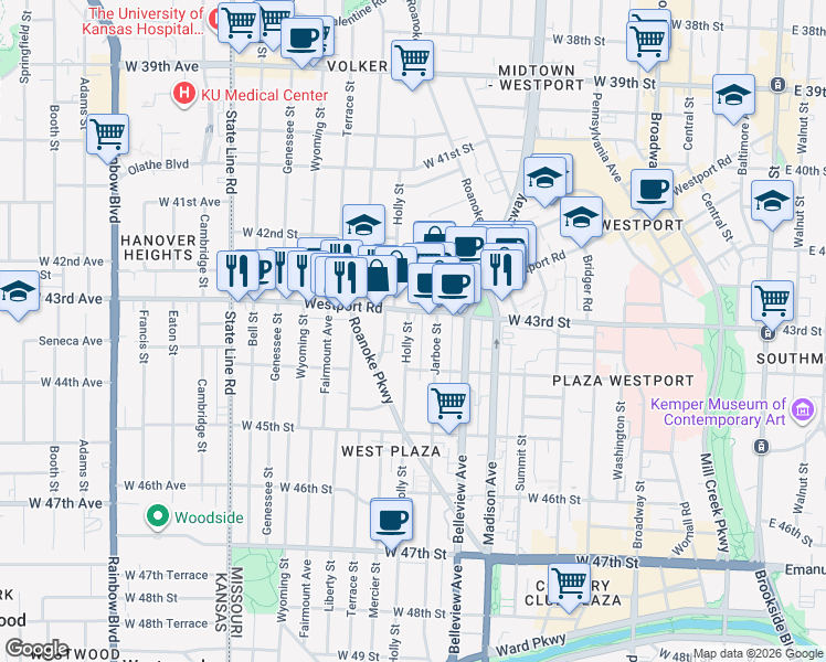 map of restaurants, bars, coffee shops, grocery stores, and more near 4308 Holly Street in Kansas City