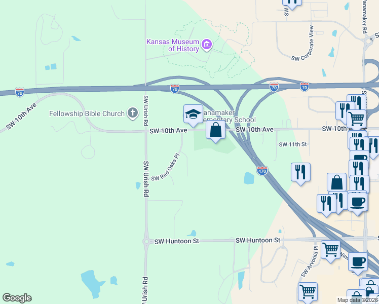 map of restaurants, bars, coffee shops, grocery stores, and more near 1036 Southwest Red Oaks Court in Topeka