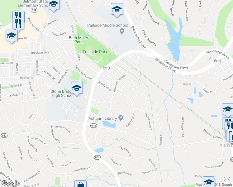 map of restaurants, bars, coffee shops, grocery stores, and more near 20530 Breezyhill Drive in Ashburn