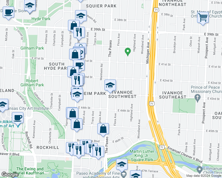 map of restaurants, bars, coffee shops, grocery stores, and more near 4235 The Paseo in Kansas City