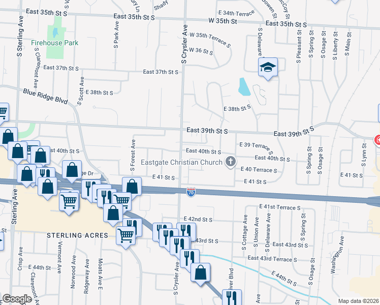 map of restaurants, bars, coffee shops, grocery stores, and more near 12416 East 40th Street South in Independence