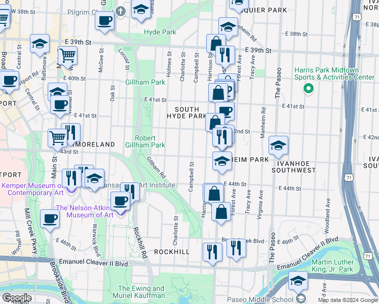 map of restaurants, bars, coffee shops, grocery stores, and more near 4234 Campbell Street in Kansas City