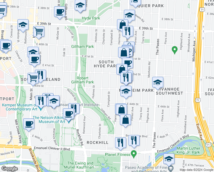 map of restaurants, bars, coffee shops, grocery stores, and more near 4234 Campbell Street in Kansas City