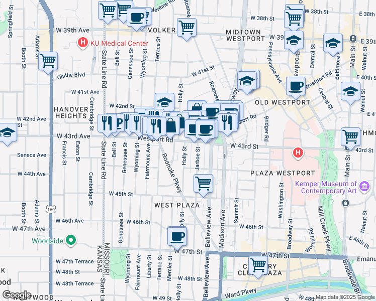 map of restaurants, bars, coffee shops, grocery stores, and more near 4308 Holly Street in Kansas City