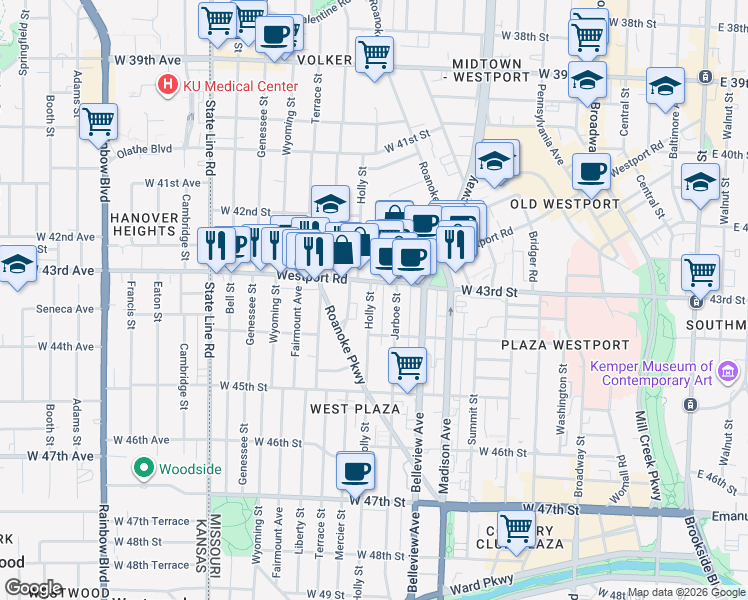 map of restaurants, bars, coffee shops, grocery stores, and more near 4308 Holly Street in Kansas City