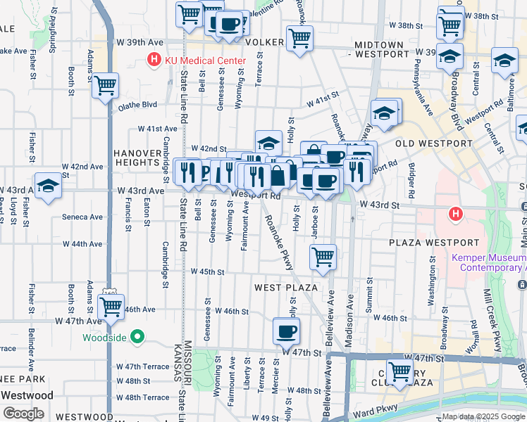 map of restaurants, bars, coffee shops, grocery stores, and more near 4311 Roanoke Parkway in Kansas City