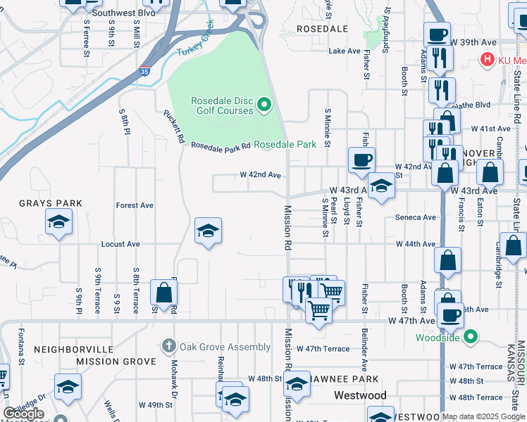 map of restaurants, bars, coffee shops, grocery stores, and more near 3135 West 43rd Avenue in Kansas City