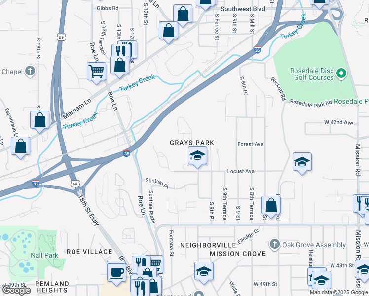 map of restaurants, bars, coffee shops, grocery stores, and more near 1033 Forest Court in Kansas City