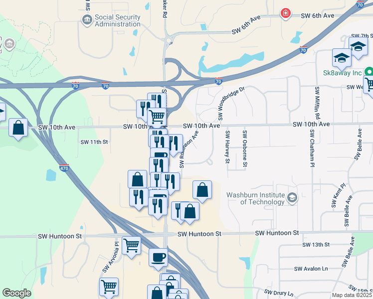 map of restaurants, bars, coffee shops, grocery stores, and more near 1062 Southwest Robinson Avenue in Topeka
