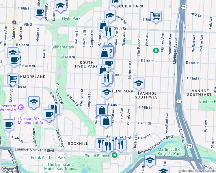 map of restaurants, bars, coffee shops, grocery stores, and more near 4229 Troost Avenue in Kansas City