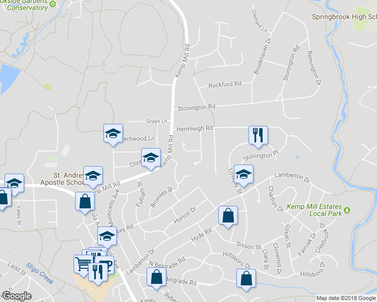 map of restaurants, bars, coffee shops, grocery stores, and more near Saddlerock Court in Silver Spring