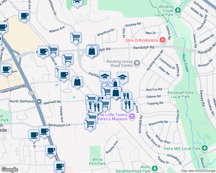 map of restaurants, bars, coffee shops, grocery stores, and more near 11806 Coakley Circle in Rockville