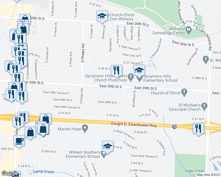 map of restaurants, bars, coffee shops, grocery stores, and more near 14905 East 39th Street South in Independence